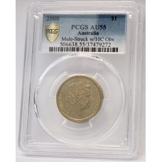 AUSTRALIA 2000 . ONE 1 DOLLAR COIN . ERROR . MULE . STRUCK ON TEN 10 CENTS